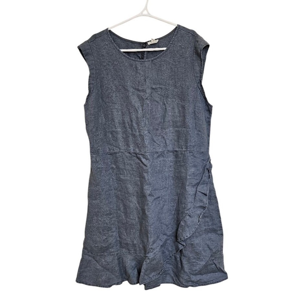 Garnet Hill Blue 100% Linen Sleeveless Ruffle Front Shift Dress Womens 16